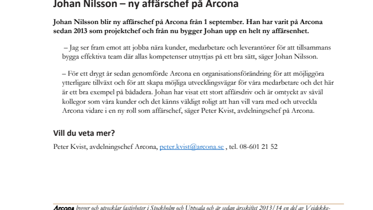 Johan Nilsson - ny affärschef på Arcona