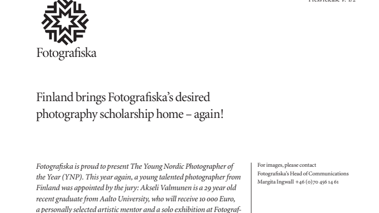 ​Finland brings Fotografiska’s desired photography scholarship home – again!