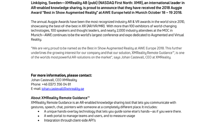 XMReality wins prestigious award at Augmented World Expo (AWE) 