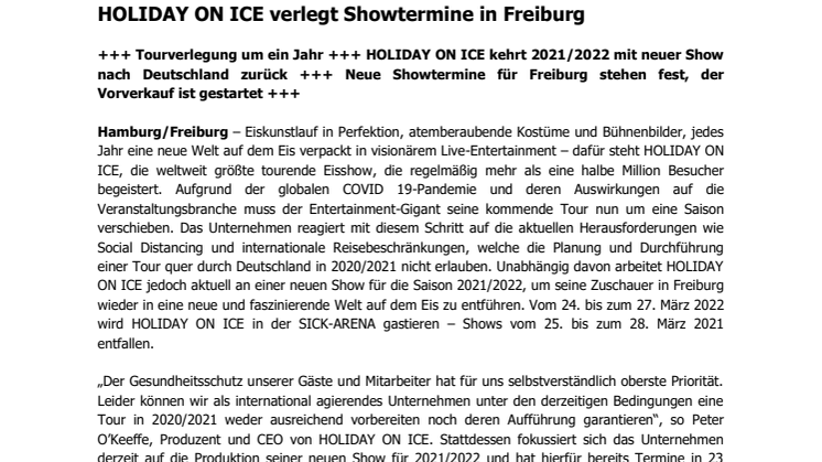 HOLIDAY ON ICE verlegt Showtermine in Freiburg
