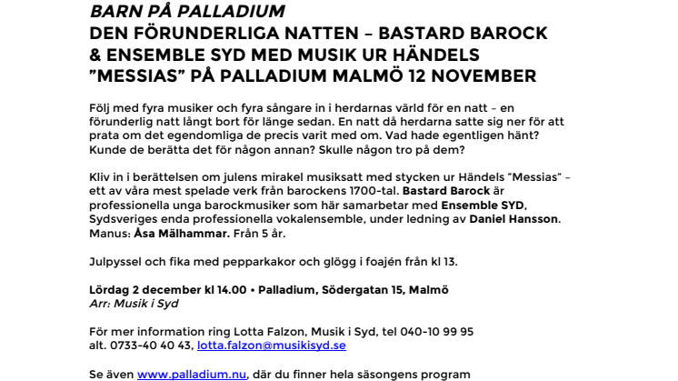 Den förunderliga natten – Bastard Barock & Ensemble SYD med musik ur Händels "Messias" på Palladium Malmö 2 december