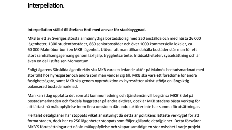 Interpellation från Anders Olin SD till Stefana Hoti MP om samarbete kring-bostadsförsörjning