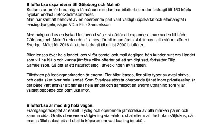 Biloffert.se expanderar till Göteborg och Malmö