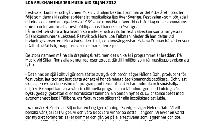 Loa Falkman inleder Musik vid Siljan 2012
