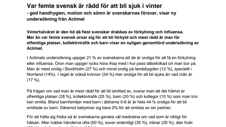 Var femte svensk är rädd för att bli sjuk i vinter