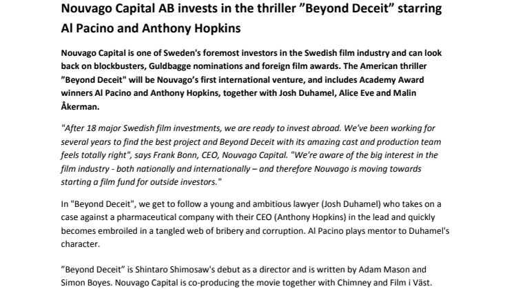Svenska Nouvago Capital AB investerar i thrillern ”Beyond Deceit” med Al Pacino och Anthony Hopkins