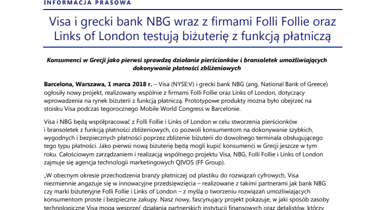 Visa i grecki bank NBG wraz z firmami Folli Follie oraz Links of London testują biżuterię z funkcją płatniczą