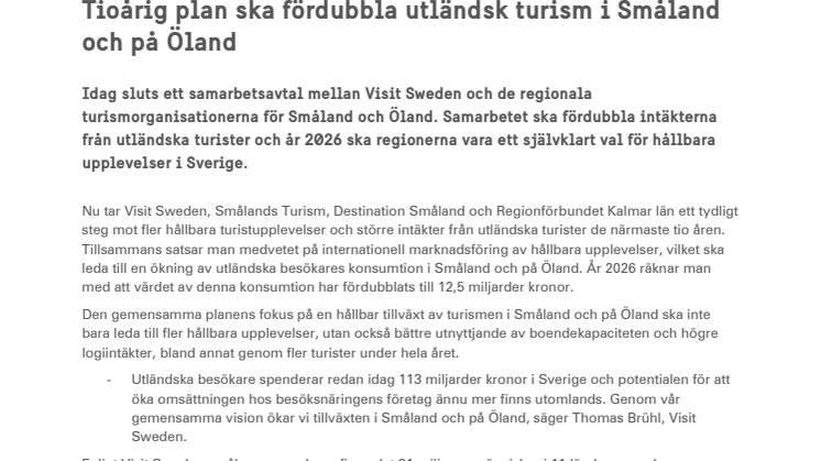  Tioårig plan ska fördubbla utländsk turism i Småland och på Öland 