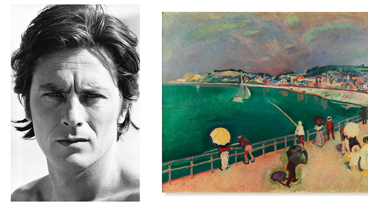 Venstre: Alain Delon i 1972 (©Jean-Pierre Bonnotte). Højre: La plage de Sainte-Adresse, 1906 af Raoul Dufy (1877-1953). Vurdering: €600.000-800.000.