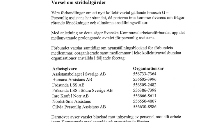Kommunals varsel mot Vårdföretagarna 2012-04-10