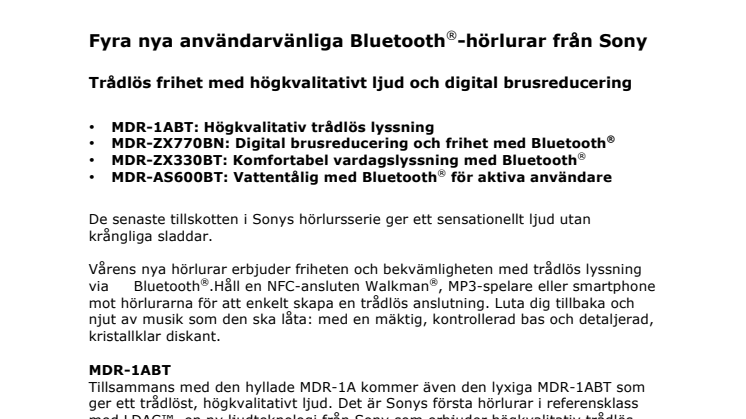 Fyra nya användarvänliga Bluetooth®-hörlurar från Sony