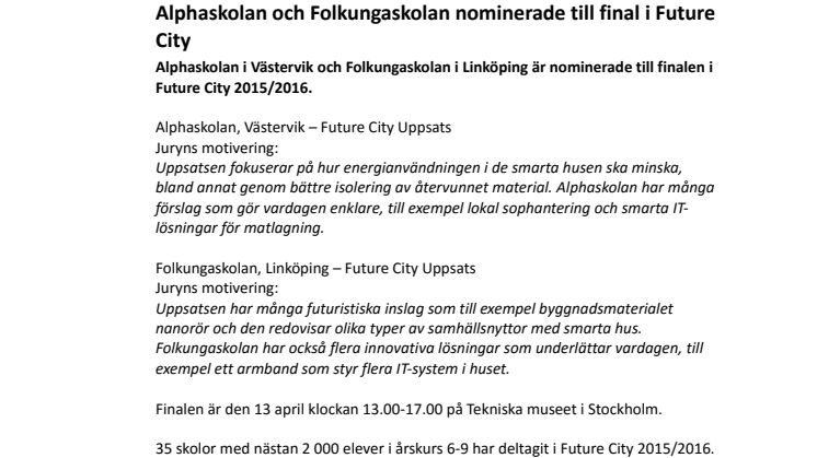 Alphaskolan och Folkungaskolan nominerade till final i Future City 