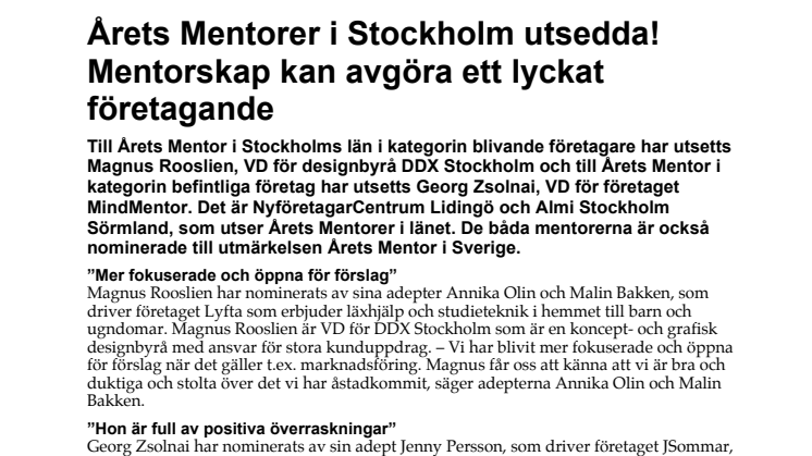 Årets Mentorer i Stockholm utsedda! Mentorskap kan avgöra ett lyckat företagande