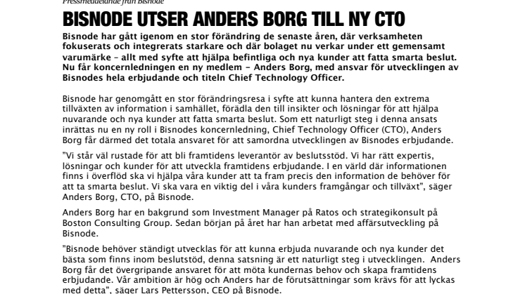 Bisnode utser Anders Borg till ny CTO