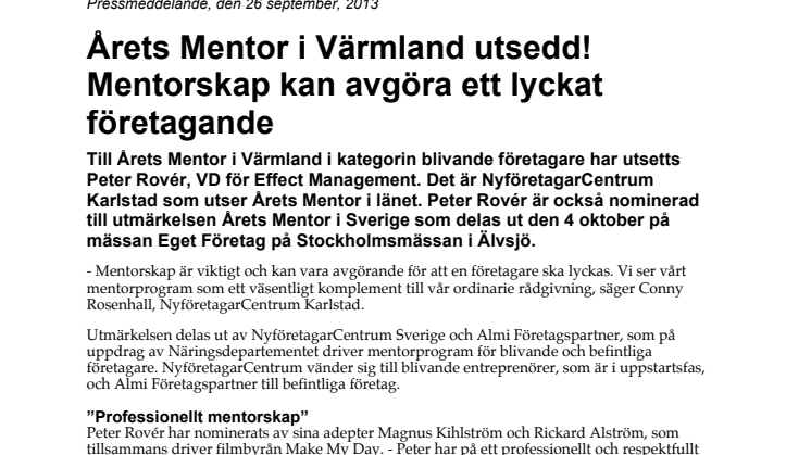Årets Mentor i Värmland utsedd! Mentorskap kan avgöra ett lyckat företagande