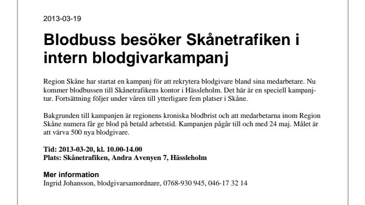 Blodbuss besöker Skånetrafiken i intern blodgivarkampanj