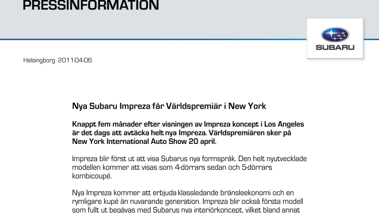 Nya Subaru Impreza får Världspremiär i New York
