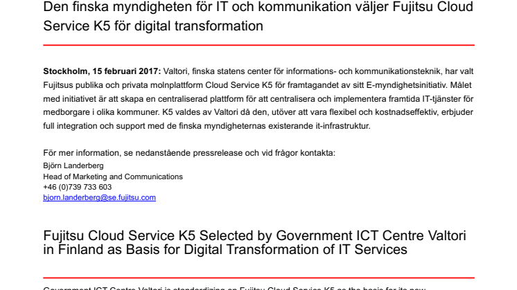 Den finska myndigheten för IT och kommunikation väljer Fujitsu Cloud Service K5 för digital transformation