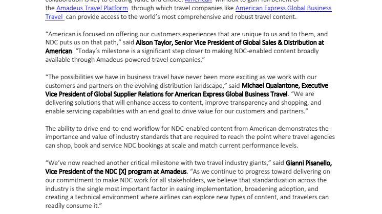 American Airlines, American Express Global Business Travel och Amadeus lanserar bokningar via NDC