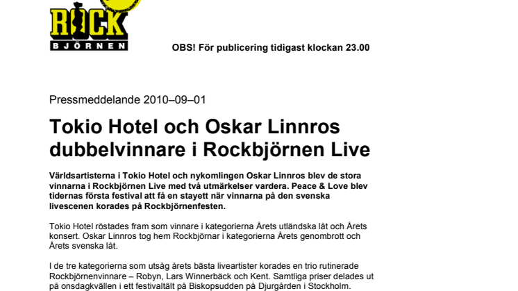 Tokio Hotel och Oskar Linnros dubbelvinnare i Rockbjörnen Live