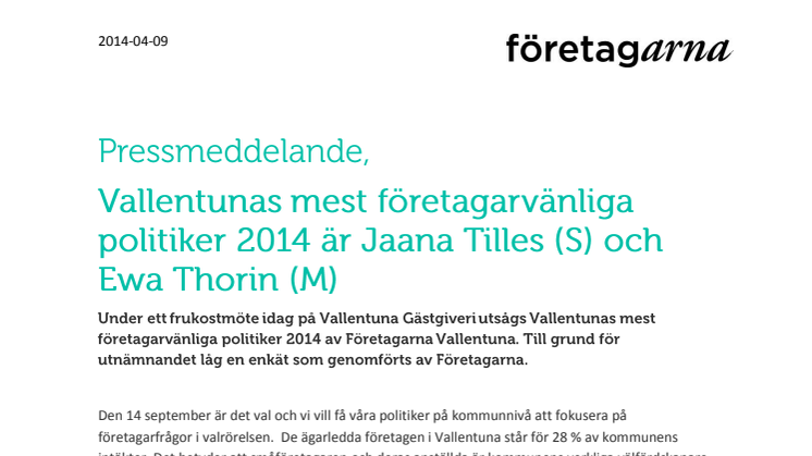 Vallentunas mest företagarvänliga politiker 2014 är Jaana Tilles (S) och Ewa Thorin (M)