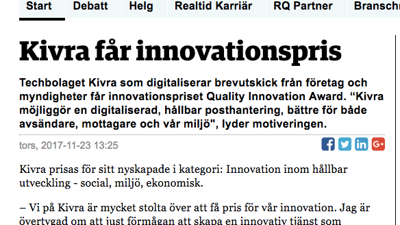 Kivra vinner innovationspris rapporterar Realtid.se