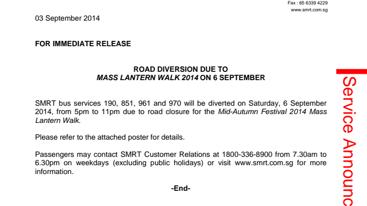 Road Diversion due to Mass Lantern Walk 2014 on 6 September