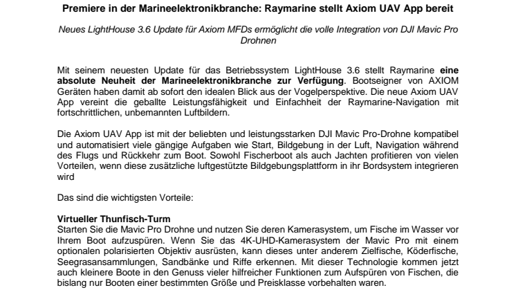 Raymarine: Premiere in der Marineelektronikbranche: Raymarine stellt Axiom UAV App bereit