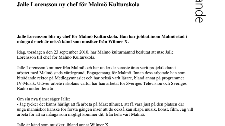 Jalle Lorensson ny chef för Malmö Kulturskola