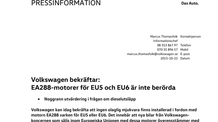 Volkswagen bekräftar: EA288-motorer för EU5 och EU6 är inte berörda