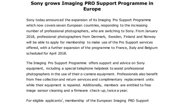 Sony utökar tillgängligheten av Imaging PRO Support i Norden