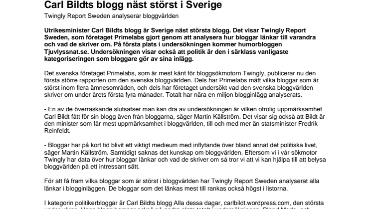 Carl Bildts blogg näst störst i Sverige - Twingly Report Sweden analyserar bloggvärlden