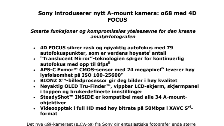  Sony introduserer nytt A-mount kamera: α68 med 4D FOCUS 