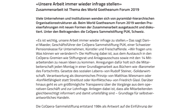 «Unsere Arbeit immer wieder infrage stellen». ​Zusammenarbeit ist Thema des World Goetheanum Forum 2019