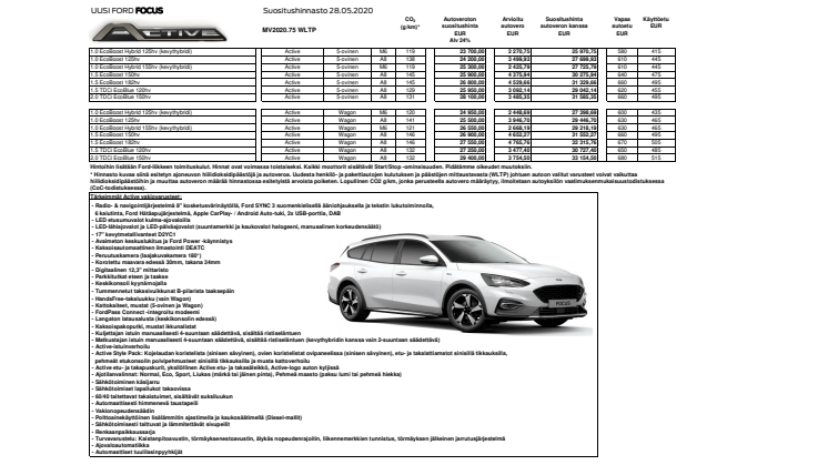 Ford Focus Active, hinnasto 28.5.2020