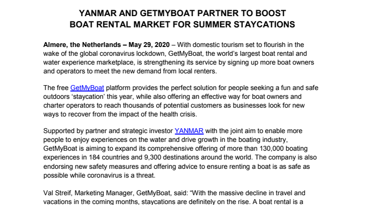 YANMAR and GetMyBoat Partner to Boost Boat Rental Market for Summer Staycations