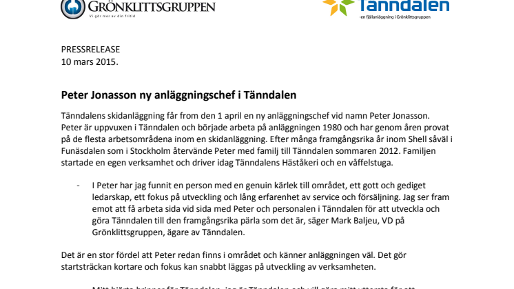 Peter Jonasson ny anläggningschef i Tänndalen 