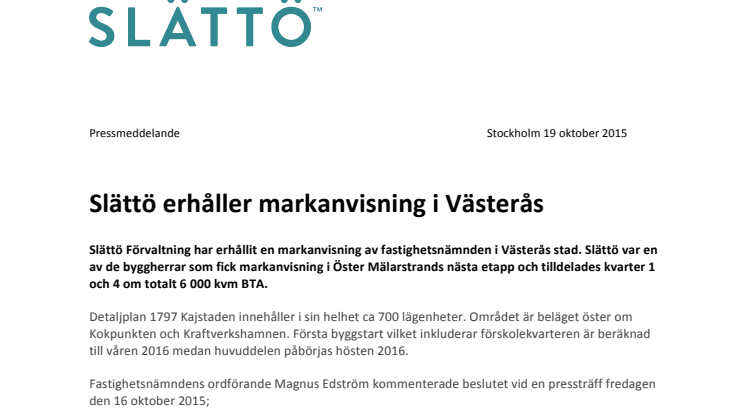Slättö erhåller markanvisning i Västerås