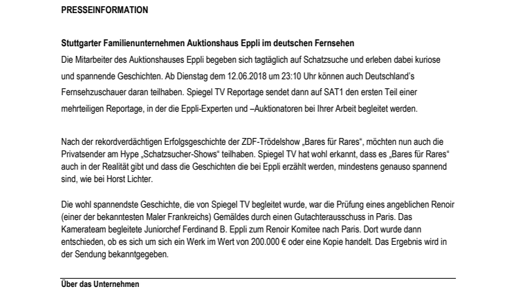 Stuttgarter Familienunternehmen Auktionshaus Eppli im deutschen Fernsehen