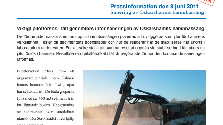 Pressinformation om stabiliseringsförsök i Oskarshamns Hamnbassäng