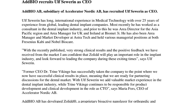AddBIO recruits Ulf Sewerin as CEO