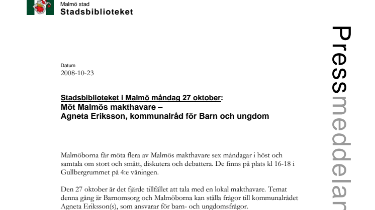 Stadsbiblioteket i Malmö måndag 27 okt: Möt kommunalrådet Agneta Eriksson
