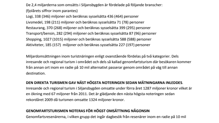 2012 GAV REKORDNIVÅ I TURISMNÄRINGEN RUNT SILJAN