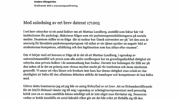 Umeå universitets svar till Akademikerförbundet SSR 171215