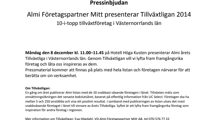 Pressinbjudan: Almi Företagspartner Mitt presenterar Tillväxtligan Västernorrland 2014