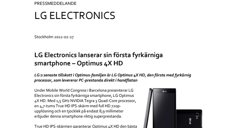 LG Electronics lanserar sin första fyrkärniga smartphone – Optimus 4X HD