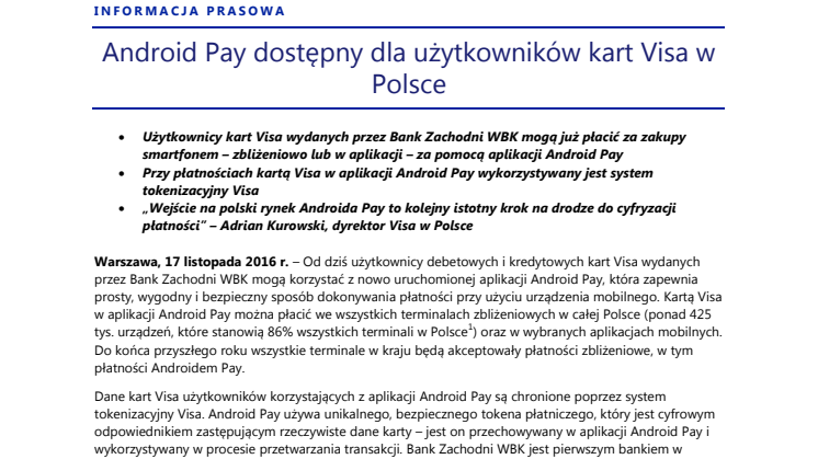 Android Pay dostępny dla użytkowników kart Visa w Polsce
