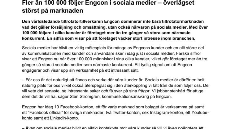 Fler än 100 000 följer Engcon i sociala medier – överlägset störst på marknaden 