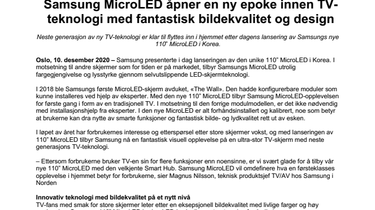 Samsung MicroLED åpner en ny epoke innen TV-teknologi med fantastisk bildekvalitet og design