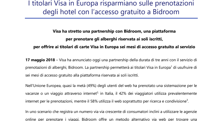 I titolari Visa in Europa risparmiano sulle prenotazioni degli hotel con l’accesso gratuito a Bidroom 